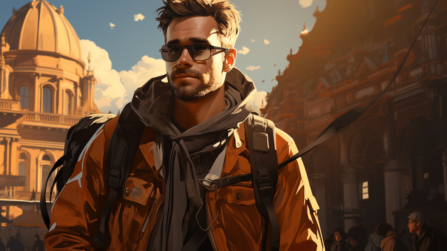 An illustration of a man with a backpack in front of a city.