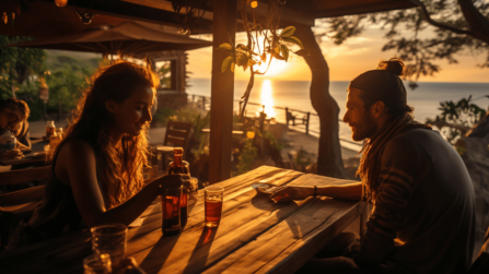 Two people sitting at a table at sunset.