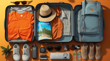The contents of a suitcase on an orange background.