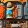 The contents of a suitcase on an orange background.