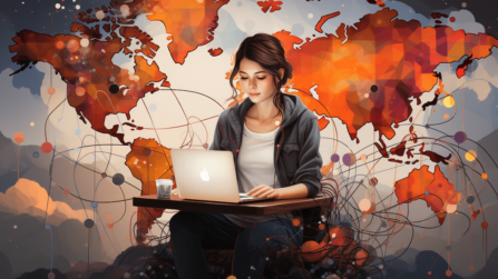 A woman is sitting in front of a world map with a laptop.