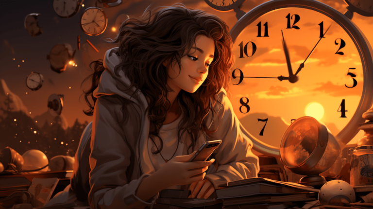 A girl is looking at a clock.