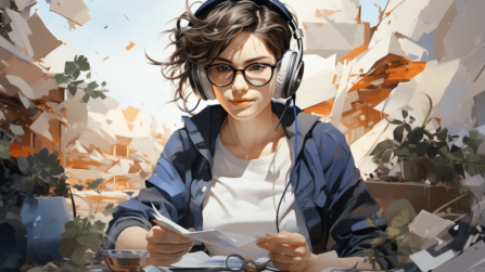 A girl is sitting at a table with headphones on.